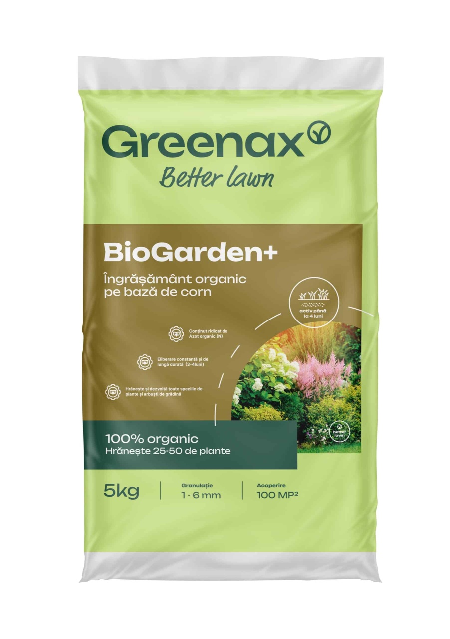Greenax BioGarden+ ngrmnt Organic 5 kg pentru 2550 Plante, 14 % Azot,  2 % Sulf