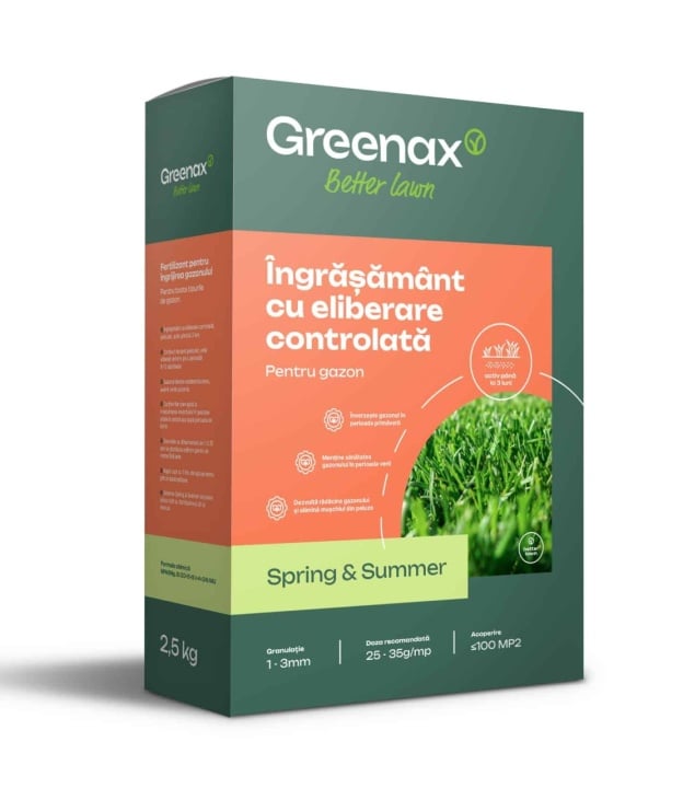 Îngrășământ pentru gazon Greenax Spring & Summer 20-5-8 + Fe, 2.5 kg, acoperire 75-100 mp2