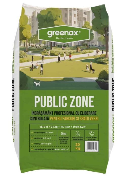 Îngrășământ profesional pentru gazon Greenax PUBLIC ZONE 15-5-8 + 3 % Mg + 1% Fe + 0.9 % S, cu eliberare controlată, acțiune 2-3 luni, 20 kilograme