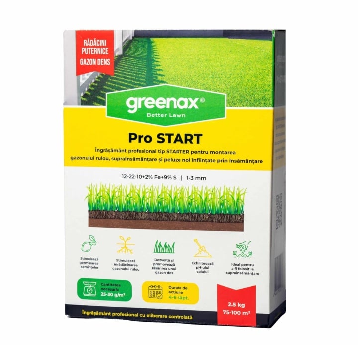 Îngrășământ profesional pentru gazon Greenax Pro START 12-22-10 + 2 % Fe + 9 % S 1-3 mm, 2.5 kilograme