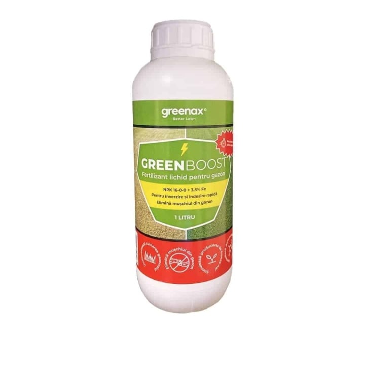 Îngrășământ foliar GREENBOOST, NPK 16-0-0+3.5% Fier, pentru înverzire rapidă și eliminare mușchi