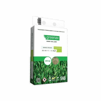 Greenax Premium Primăvară – Îngrășământ Gazon 5 kg, NPK 22‑05‑11 + 3 MgO, Eliberare Controlată XCU pentru Creștere și Verde Intens în Sezonul de Primăvară