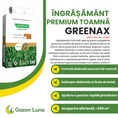 Greenax Premium Toamnă – Îngrășământ Gazon 5 kg, NPK 13‑00‑26 + 3 MgO, Eliberare Controlată pentru Pregătirea Gazonului pentru Iarnă, Acoperire ~200 m² - Img 2