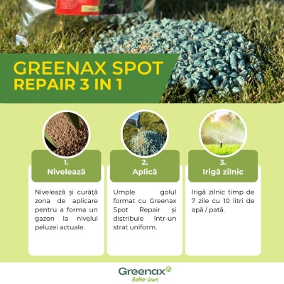Greenax Spot Repair kit pentru repararea golurilor din gazon cu semințe, îngrășământ și mulch, 1.5 kilograme, 15 pete - Img 4