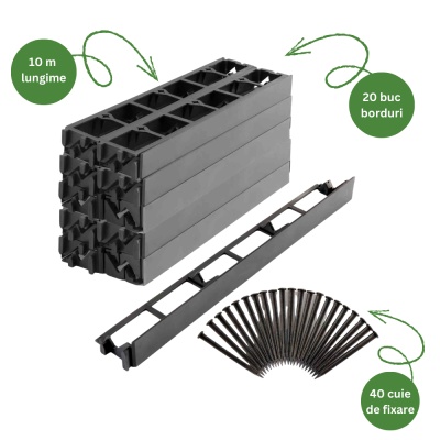 Pachet bordură separator gazon lungime 10 metri + 40 cuie