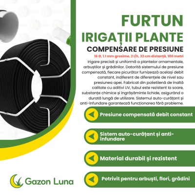 Furtun irigații plante cu compensare de presiune, negru, 16 Ø, 1.1 mm grosime, 2 lph, 33 cm distanță, 100 metri - Img 2