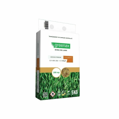 Greenax Premium Toamnă – Îngrășământ Gazon 5 kg, NPK 13‑00‑26 + 3 MgO, Eliberare Controlată pentru Pregătirea Gazonului pentru Iarnă, Acoperire ~200 m²