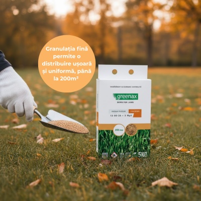 Greenax Premium Toamnă – Îngrășământ Gazon 5 kg, NPK 13‑00‑26 + 3 MgO, Eliberare Controlată pentru Pregătirea Gazonului pentru Iarnă, Acoperire ~200 m² - Img 6
