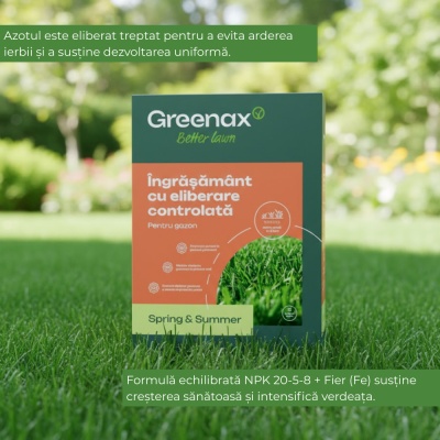 Greenax Spring & Summer – Îngrășământ Gazon 2,5 kg, NPK 20-5-8 + Fe cu Eliberare Controlată, Nutriție Continuă până la 3 Luni, Acoperire până la 100 m² - Img 5