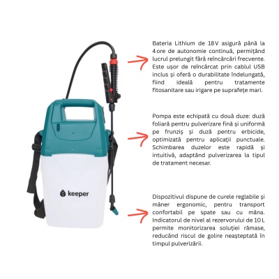 Pompă de stropit electrică Keeper Forest 10 L – acumulator Lithium, autonomie 4 ore, 2 duze (foliar și erbicide), fabricată în Spania - Img 5