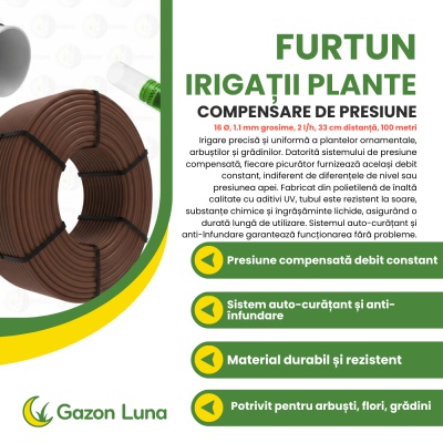 Furtun irigații plante cu compensare de presiune, maro, 16 Ø, 1.1 mm grosime, 2 lph, 33 cm distanță, 100 metri - Img 2