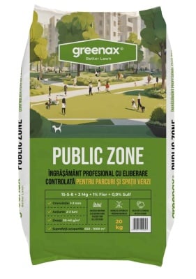 Îngrășământ profesional pentru gazon Greenax PUBLIC ZONE 15-5-8 + 3 % Mg + 1% Fe + 0.9 % S, cu eliberare controlată, acțiune 2-3 luni, 20 kilograme - Img 1