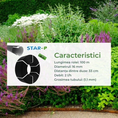 Furtun irigații plante cu compensare de presiune, negru, 16 Ø, 1.1 mm grosime, 2 lph, 33 cm distanță, 100 metri - Img 6
