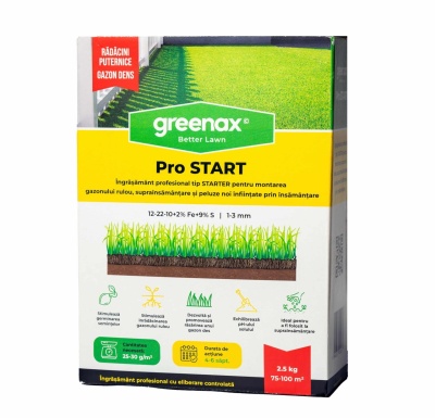 Greenax Pro START – Îngrășământ Profesional Gazon 2,5 kg, NPK 12-22-10 + Fe & S, Nutriție Constantă 4-6 Săptămâni pentru Montare Rulou și Însămânțare
