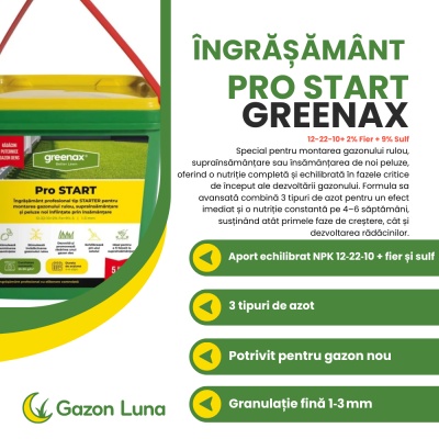 Greenax Pro START – Îngrășământ Profesional Gazon 5 kg, NPK 12-22-10 + Fe & S, Nutriție Constantă 4-6 Săptămâni pentru Montare Rulou și Însămânțare - Img 2
