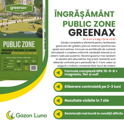 Greenax Public Zone – Îngrășământ Profesional Gazon 20 kg, NPK 15‑5‑8 + Mg + Fe + S, Eliberare Controlată 2‑3 Luni, Verde Intens și Rezistent - Img 2