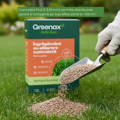 Greenax Spring & Summer – Îngrășământ Gazon 2,5 kg, NPK 20-5-8 + Fe cu Eliberare Controlată, Nutriție Continuă până la 3 Luni, Acoperire până la 100 m² - Img 6