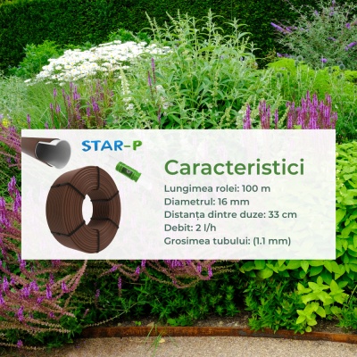 Furtun irigații plante cu compensare de presiune, maro, 16 Ø, 1.1 mm grosime, 2 lph, 33 cm distanță, 100 metri - Img 6