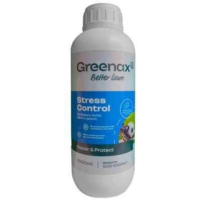 Greenax STRESS CONTROL – Îngrășământ foliar gazon 1 L cu azot și aminoacizi, susține rezistența la stres (secetă, trafic, ploi) și pregătește peluza pentru iarnă