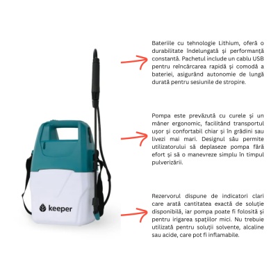 Pompă de stropit cu acumulator Keeper Forest 7, autonomie 2 ore, 7 L, duză foliar, made in Spain - Img 5