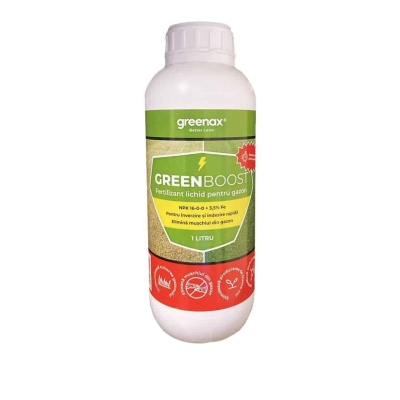 Greenax GREENBOOST – Îngrășământ Foliar Gazon 1 L, NPK 16‑0‑0 + 3.5 % Fier, Pentru Înverzire Rapidă, Eliminare Mușchi și Revitalizare Peluză - Img 1