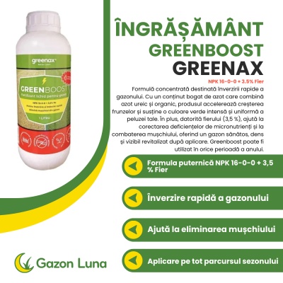 Greenax GREENBOOST – Îngrășământ Foliar Gazon 1 L, NPK 16‑0‑0 + 3.5 % Fier, Pentru Înverzire Rapidă, Eliminare Mușchi și Revitalizare Peluză - Img 2