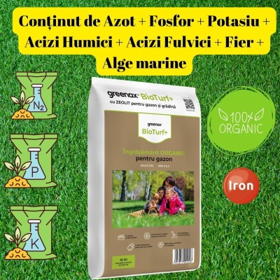 Îngrășământ organic pentru gazon Greenax BioTurf+, 10 kg, acoperire 200-350 mp2, fier, acizi humici, acizi fulvici, alge marine - Img 4