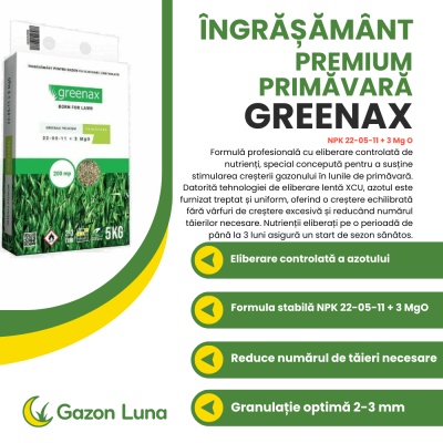 Greenax Premium Primăvară – Îngrășământ Gazon 5 kg, NPK 22‑05‑11 + 3 MgO, Eliberare Controlată XCU pentru Creștere și Verde Intens în Sezonul de Primăvară - Img 2