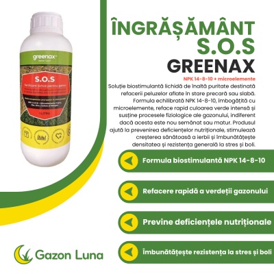 Greenax S.O.S – Îngrășământ foliar gazon 1 L, NPK 14‑8‑10 + microelemente, pentru refacerea rapidă și revitalizarea peluzelor în stare precară - Img 2