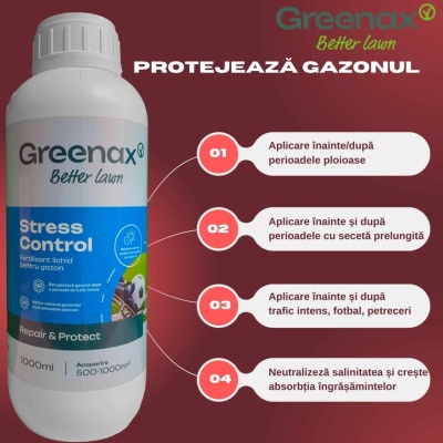 Îngrășământ foliar pentru gazon Greenax STRESS CONTROL, recuperare după trafic, secetă, ploi, pregătește gazonul pentru iarnă, 1 litru - Img 4