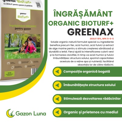 Greenax BioTurf+ – Îngrășământ Organic Gazon 10 kg, Fier, Acizi Humici & Fulvici și Alge Marine, Acoperire 200‑350 m², Nutriție Naturală și Verde Intens - Img 2
