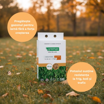 Greenax Premium Toamnă – Îngrășământ Gazon 5 kg, NPK 13‑00‑26 + 3 MgO, Eliberare Controlată pentru Pregătirea Gazonului pentru Iarnă, Acoperire ~200 m² - Img 5