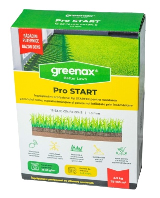 Îngrășământ profesional pentru gazon Greenax Pro START 12-22-10 + 2 % Fe + 9 % S 1-3 mm, 2.5 kilograme - Img 2