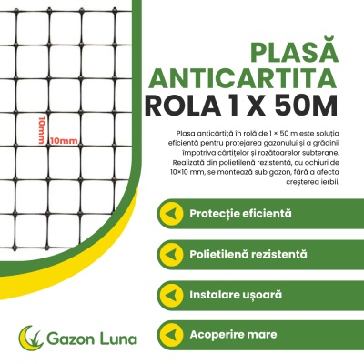 Plasă anticârtiță – rolă 1 × 50 m (50 m²) cu ochiuri 10 × 10 mm, protecție ecologică antidăunători pentru gazon - Img 2