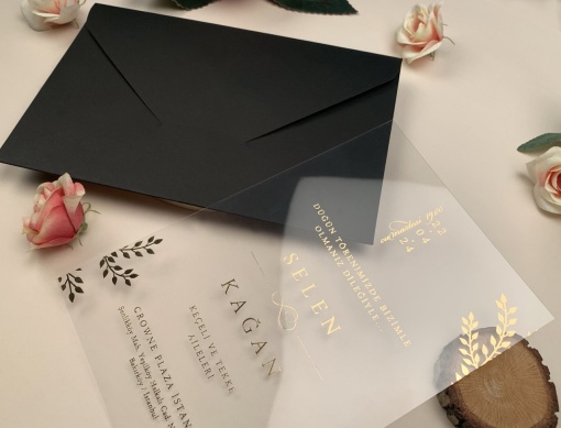 Invitatie de nunta premium cu design modern si detalii aurii pe PVC – 96938