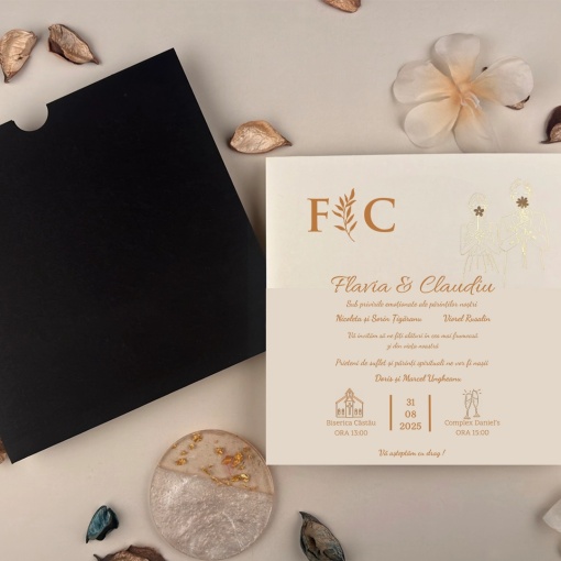 Invitatie de nunta alba cu plic negru si ilustratie aurie – 13328