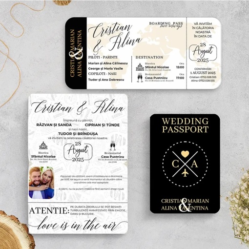 Invitatie de nunta tip pasaport negru si boarding pass – tematica calatorie
