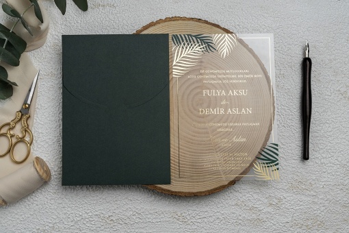 Invitatie de nunta transparenta, cu frunze si plic verde, 135x193mm – 9258