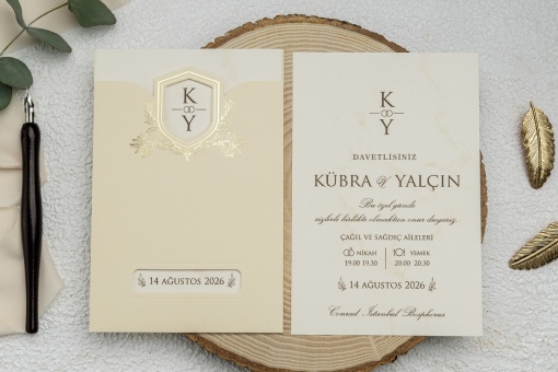 Invitatie de nunta, ivoire cu elemente aurii, 122x184mm – 9198