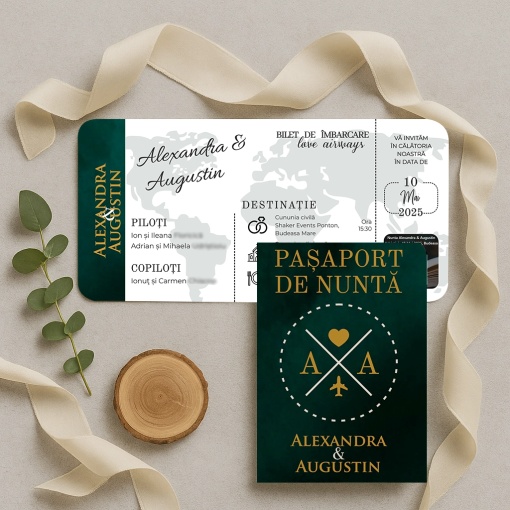 Invitatie de nunta tip pasaport deep green si boarding pass – tematica calatorie
