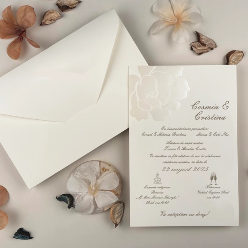 Invitatie de nunta alba cu flori in relief si design elegant premium – 13318