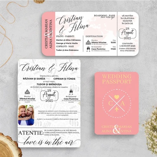 Invitatie de nunta tip pasaport roz si boarding pass – tematica calatorie
