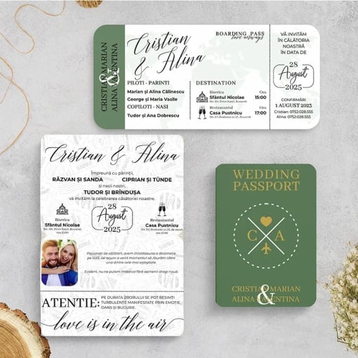 Invitatie de nunta tip pasaport verde si boarding pass – tematica calatorie