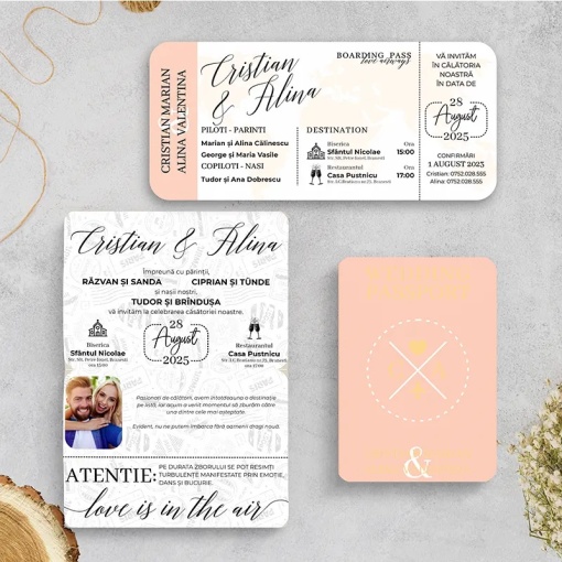 Invitatie de nunta tip pasaport peach si boarding pass – tematica calatorie
