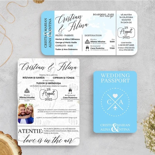 Invitatie de nunta tip pasaport bleu si boarding pass – tematica calatorie