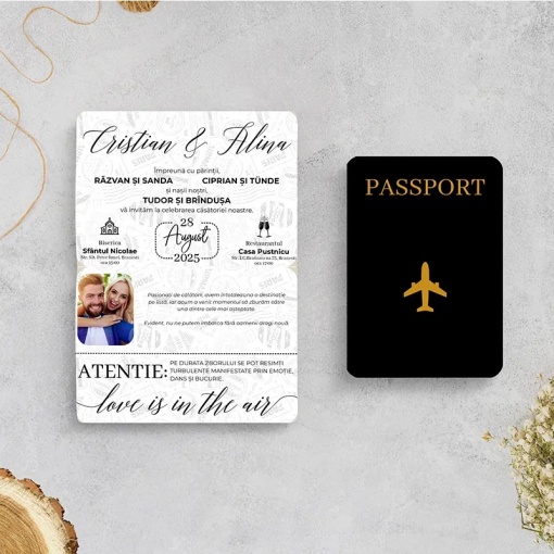 Invitatie de nunta tip pasaport negru – tematica calatorie