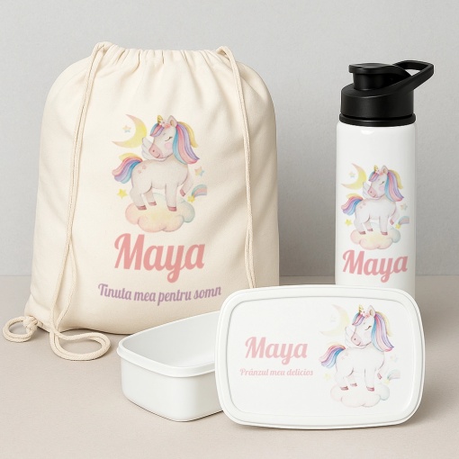 Set “Prima zi de gradinita” cu unicorn - saculet, sticla de apa si lunchbox