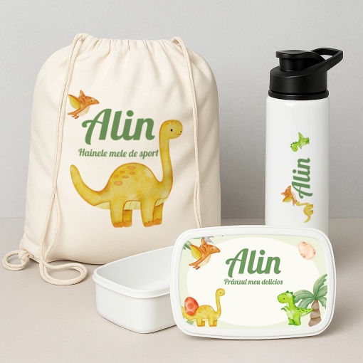 Set “Prima zi de gradinita” model dino - saculet, sticla de apa si lunchbox