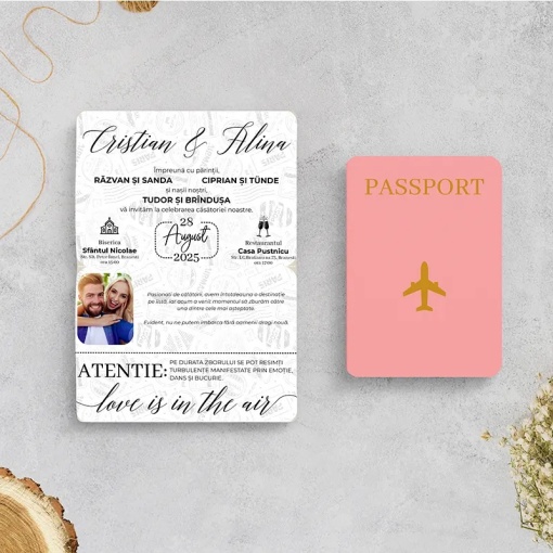 Invitatie de nunta tip pasaport roz si boarding pass – tematica calatorie