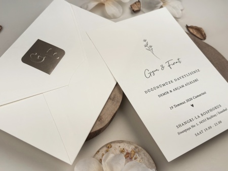 Invitatie de nunta alba cu sigiliu argintiu si design minimalist floral – 13314
